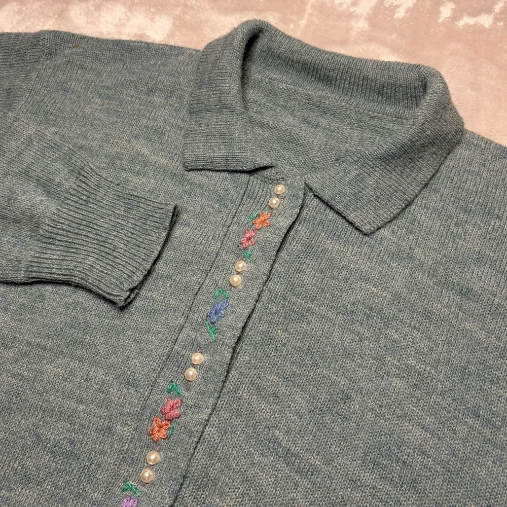 Vtg Sweater Polo Womens S Green Embroidered Floral Pearl Buttons Cottagecore 90s